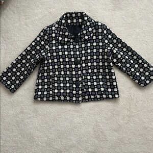 Black & White Patterned Cropped Jacket | Retro Mod Floral Print | Button Front